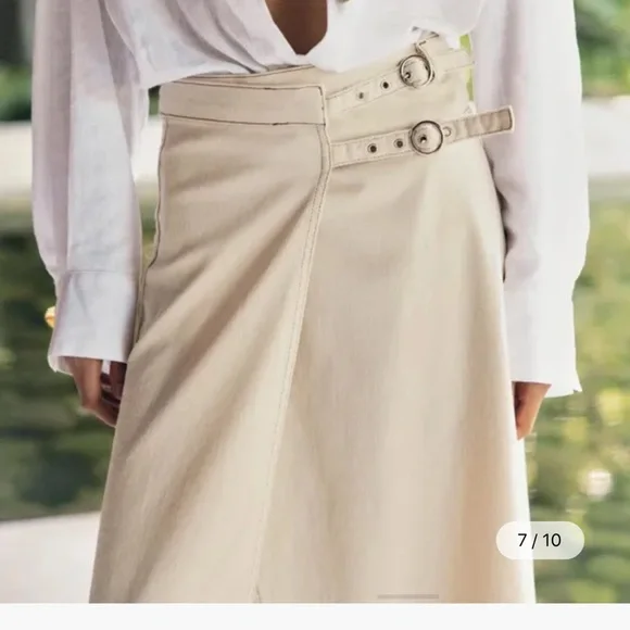 NWT Zara 1975 SZ XS Ecru Denim Double Buckle wrap Midi Skirt - Picture 2 of 9